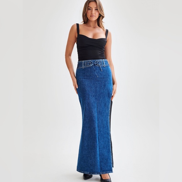 Meshki High Front Side Leg Split Denim Maxi Skirt